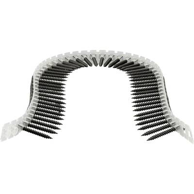 'A strip with black screws, uniformly arranged and ready for use with an automated screwing device.'
