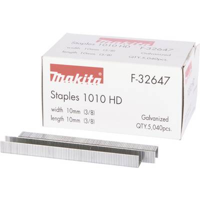 A cardboard box labelled 'Makita Staples 1010 HD, F-32647'. Contains 5,040 galvanised staples, 10 mm wide and long.