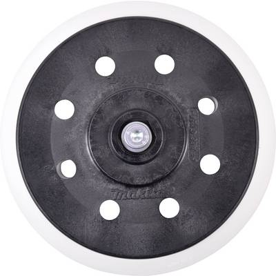 A black grinding disc with a white border and seven holes; centrally mounted screw visible.