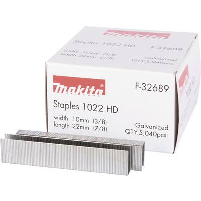 'Makita Staples 1022 HD, galvanised, width 10mm (3/8"), length 22mm (7/8"). 5,040 pieces per pack, article number F-32689.'