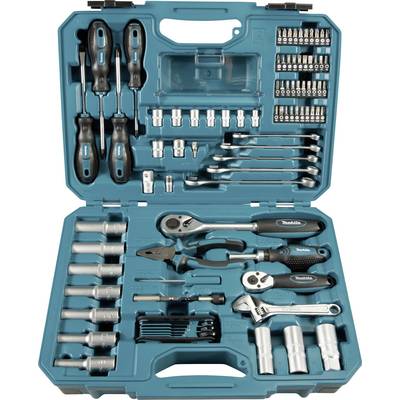 An open toolbox with various hand tools, including screwdrivers, sockets, bits, as well as ratchets and pliers.