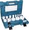 The image shows an open, blue toolbox with various hole saws in different sizes, arranged in compartments.