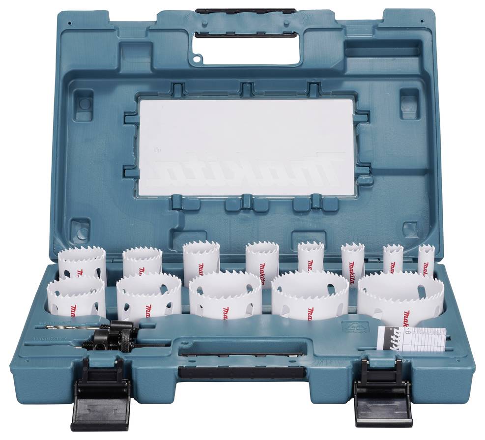 A teal tool case containing multiple circular saw blades of various sizes organized in designated slots, with a metal hole cutter and an adapter.