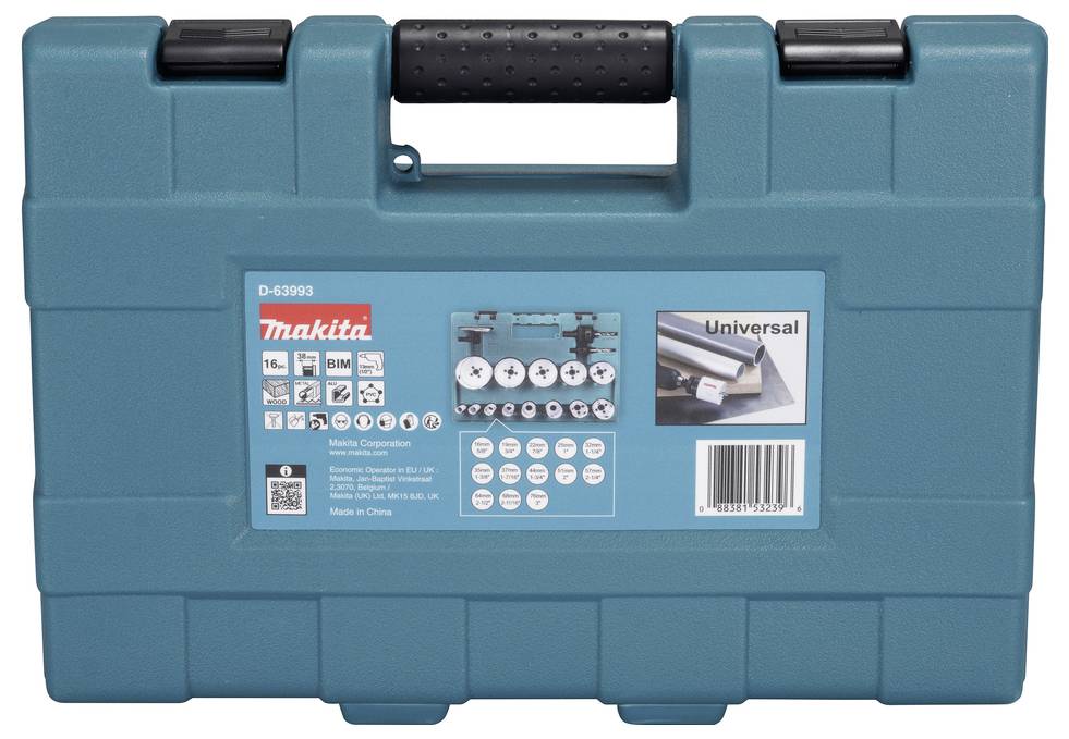 A teal Makita tool case labeled 'Universal' with images of different drill bits and screws, indicating multiple tool compatibility.