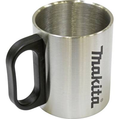 Metal mug with a black handle and 'Makita' logo on the side.