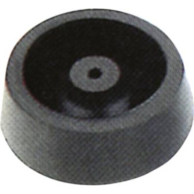 Black button with a convex surface and a clear round indentation in the centre, suitable for electronic devices.