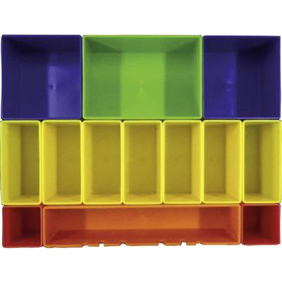 Colourful, empty plastic compartments arranged in a rectangular shelf. Two blue and one green compartment on the top row, yellow and an orange compartment on the bottom row.