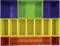 Colourful, empty plastic compartments arranged in a rectangular shelf. Two blue and one green compartment on the top row, yellow and an orange compartment on the bottom row.
