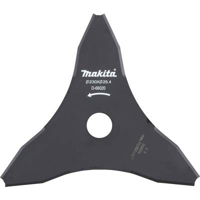 A triangular Makita lawnmower blade, Model D-66020, Ø230mm, with a central hole and a counterclockwise arrow.