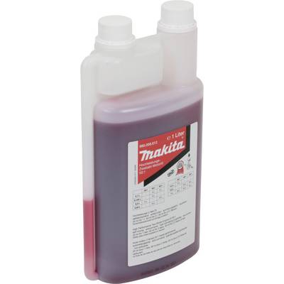 A red bottle with a label 'Makita 1 Litre High-Performance Motor Oil 2-Stroke', with dosing function and product information.
