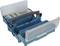 Open blue toolbox with multiple compartments and a transparent lid. A black handle protrudes from the centre.