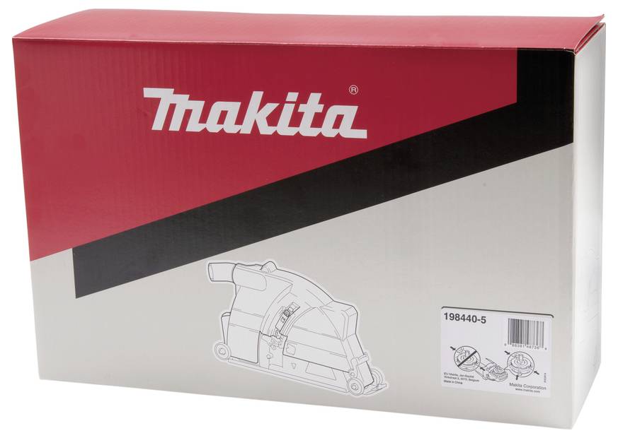 Box for Makita power tool, primarily red and gray, features a logo and line drawing of a planer on the front. Includes model number 198440-5.