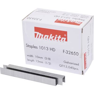 A box of Makita staples 1013 HD. Pictured are dimensions of 10 mm width and 13 mm length. Contains 5,040 pieces.