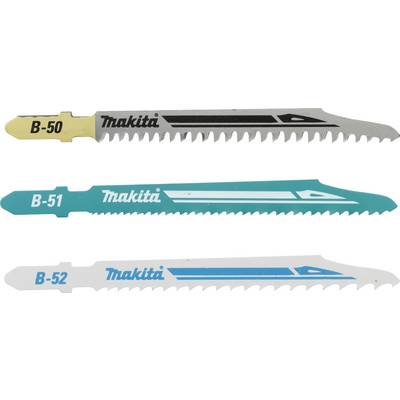 'Three differently coloured Makita saw blades with model numbers B-50, B-51 and B-52, lying horizontally side by side.'
