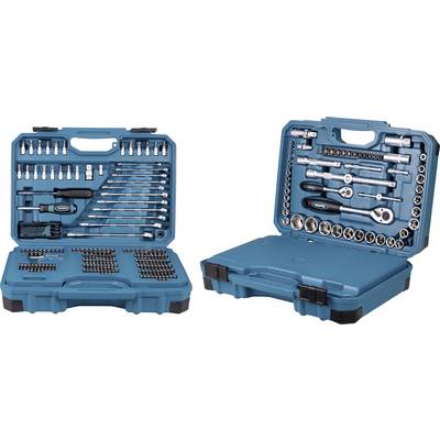 A blue toolbox containing various spanners, ratchets, bits and socket wrenches. Suitable for repair work.