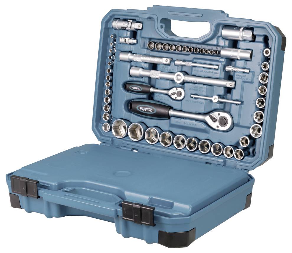 A blue plastic case open to reveal a comprehensive set of socket wrenches, ratchets, and various accessories organized neatly inside.