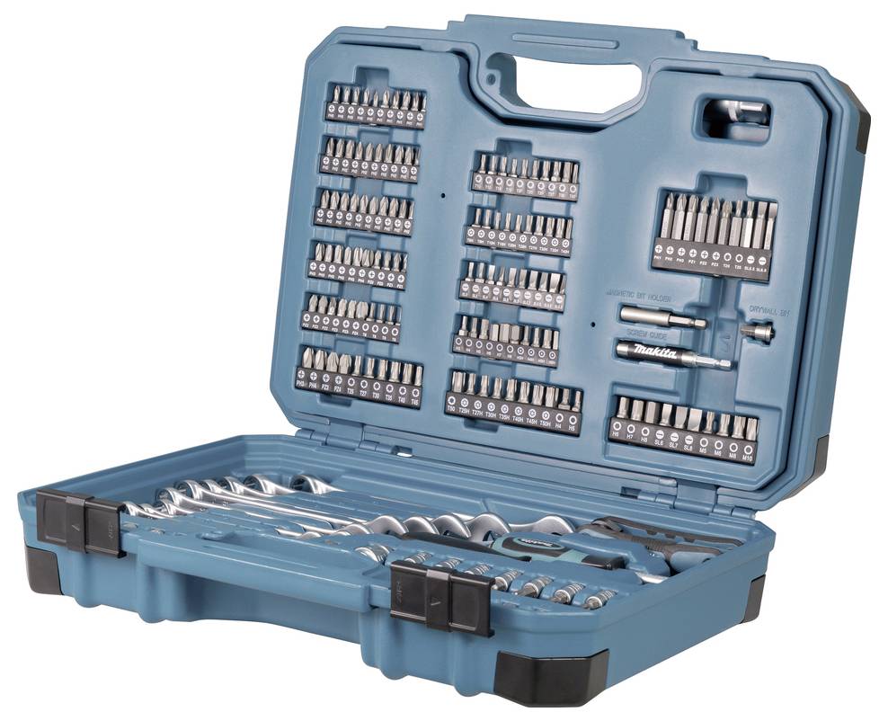 A blue toolset case open displaying various drill bits, sockets, wrenches, and screwdrivers organized in compartments.