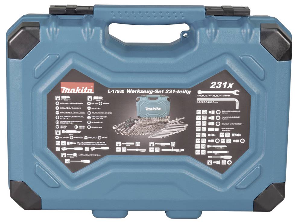 'Makita Werkzeug-Set 231-teilig' toolbox. Blue plastic with black corners, closed and labeled with set details in German.