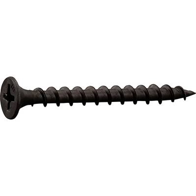 Black cross-head screw with pointed thread, shown from the side, suitable for woodworking and general fastening purposes.
