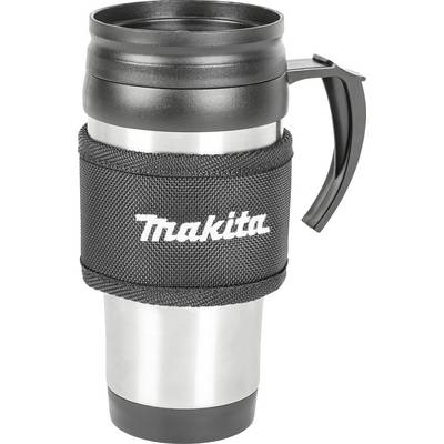 A silver thermal mug with a black handle and black textile band, featuring the white 'Makita' lettering.