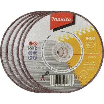 'Six metal grinding discs by Makita, INOX type, with product specification details and manufacturer information printed.'