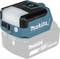A portable, blue-black Makita LED light with USB port. It is mounted on a grey 18V lithium-ion battery.