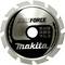 Makita circular saw blade with 'Makforce', 'Makita' labelling and technical specifications such as diameter and rotational speed.