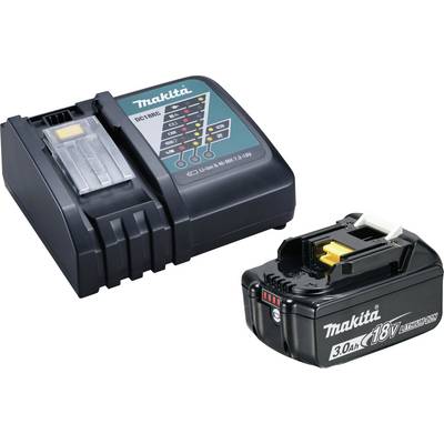 Makita battery charger and battery. Charger displays a status indicator. Battery has a capacity of 3.0 Ah and 18 V.