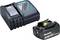 Makita battery charger and battery. Charger displays a status indicator. Battery has a capacity of 3.0 Ah and 18 V.