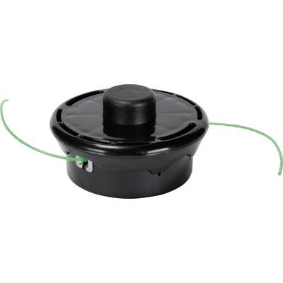 Black nylon head for lawnmower with two green threads protruding from the side for cutting function.