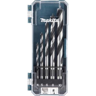 Makita Drill Bit Set, five spiral drill bits in various sizes, numbered: 4, 5, 6, 8, 10. Suitable for woodworking.