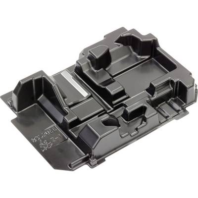 A black plastic moulding with multiple compartments and raised sections, potentially part of an industrial component or packaging.