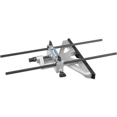 Router guide with blue logo in the centre, adjustable metal rods for precision, lever for fine-tuning, on white background.