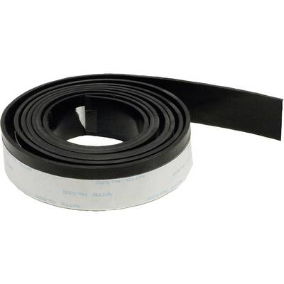 A roll of black foam with a white adhesive strip, ready for use in insulation or sealing projects.