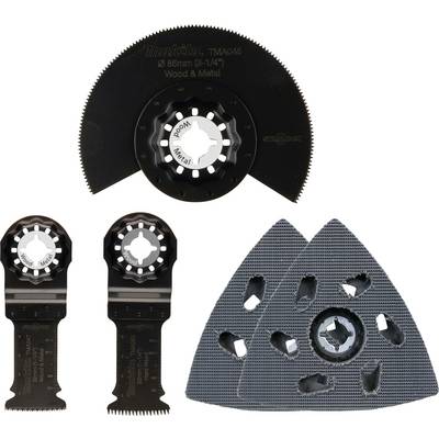A set of saw blades and sanding plates for oscillating multitools: two segmented saw blades, two plunge-cut saw blades, and three sanding plates.