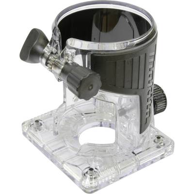 A transparent plastic attachment for a router, with a black handle and rotary knob for height adjustment on a square base.