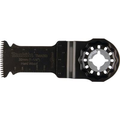 Black-blue saw blade with the inscription 'Makita TMA053, 32mm (1-1/4"), Hard Wood'. Suitable for hard woodworking.