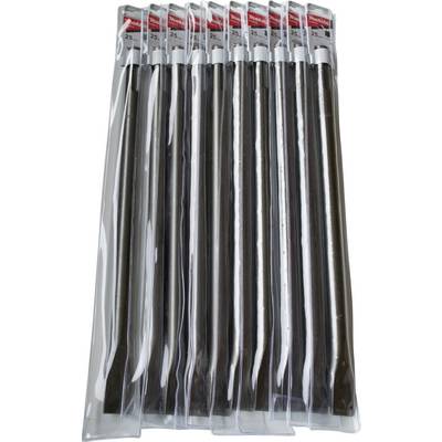 Several long, black rods, individually wrapped in transparent plastic sleeves, standing side by side.