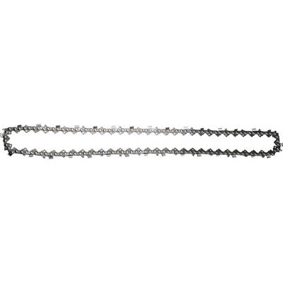 Silver chainsaw with sharp, evenly distributed teeth, forming an oval circle.