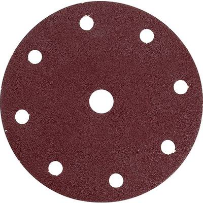 Reddish-brown sandpaper round disc with a central hole and six additional holes arranged in a circular pattern.