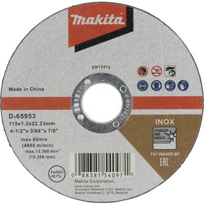 Makita Grinding Disc, Model D-65953, 115 mm diameter, 1.2 mm thick, for stainless steel. Maximum rotational speed 13,300 rpm.