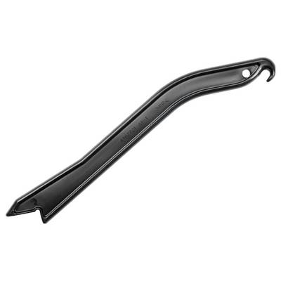 A black metal tyre lever with a curved and a flat side, used for removing bicycle tyres.