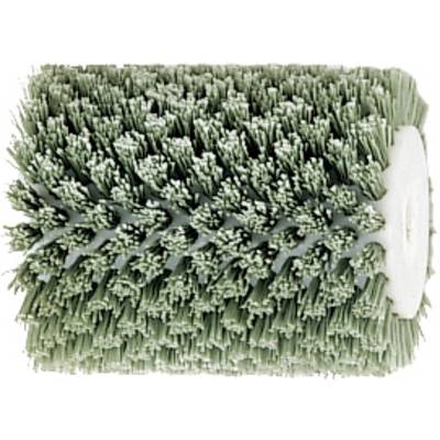 A cylindrical brush with dense, green bristles, suitable for effective cleaning or polishing of surfaces.