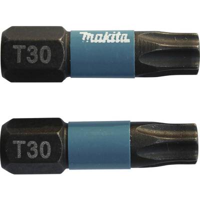 'Two black T30 screwdriver bits with a blue stripe. One of the bits displays the Makita logo.'