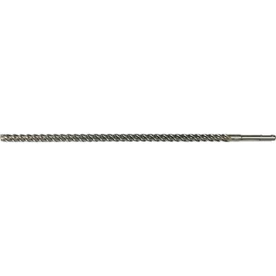 A long, metallic screw hook with spiral threads and a smooth end, positioned horizontally and lying flat.
