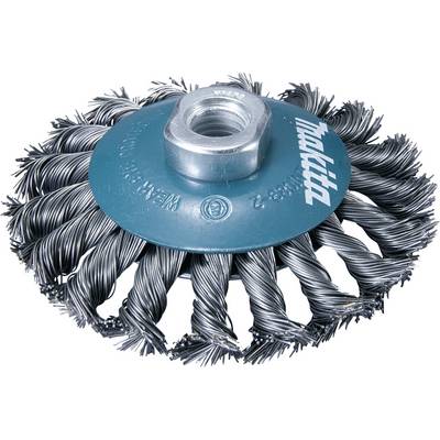 Wire brush with twisted steel bristles and blue metal head. 'Makita' marking visible. Used for removing rust or paint.