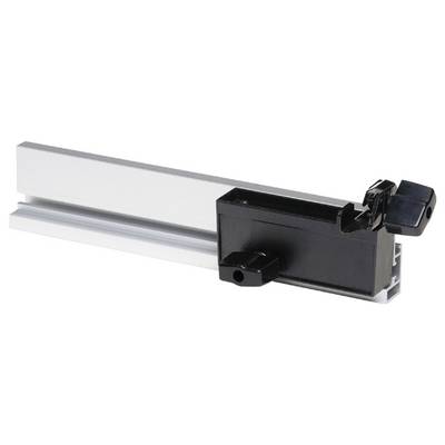 A black mounting bracket on a silver metal rail, presumably for attachment or adjustment in a technical or craft-related context.