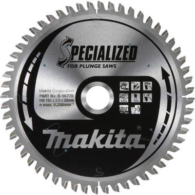 'Makita Circular Saw Blade for Plunge Saws, Specialised Design, HW 165 x 2.0 x 20mm, max. 9,250 RPM, Part No. B-56707.'