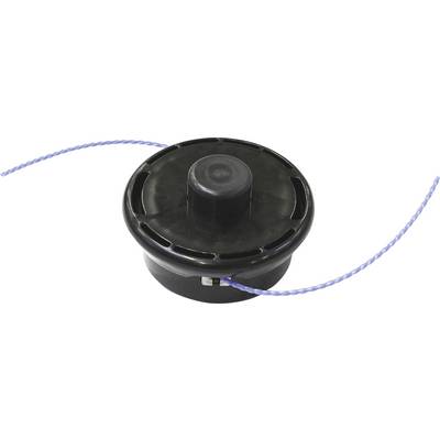 A black thread head with a blue cord, which is part of a lawn trimmer.
