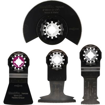 Four different saw blades for multi-function tools, suitable for wood and metal, with labels indicating the respective material.